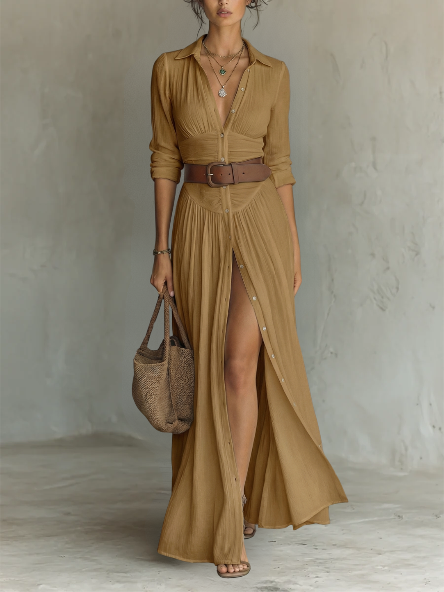 Detailed shot of the long sleeve cuff and breathable linen blend fabric of the Linnea maxi dress.