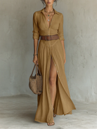 Detailed shot of the long sleeve cuff and breathable linen blend fabric of the Linnea maxi dress.