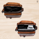 Milo modern shoulder bag in all three colors (light brown, black, dark brown) arranged together, showcasing color options.