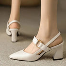 Rear view of the brown leather slingback heels, focusing on the stable 2-inch heel and the reliable non-slip sole.