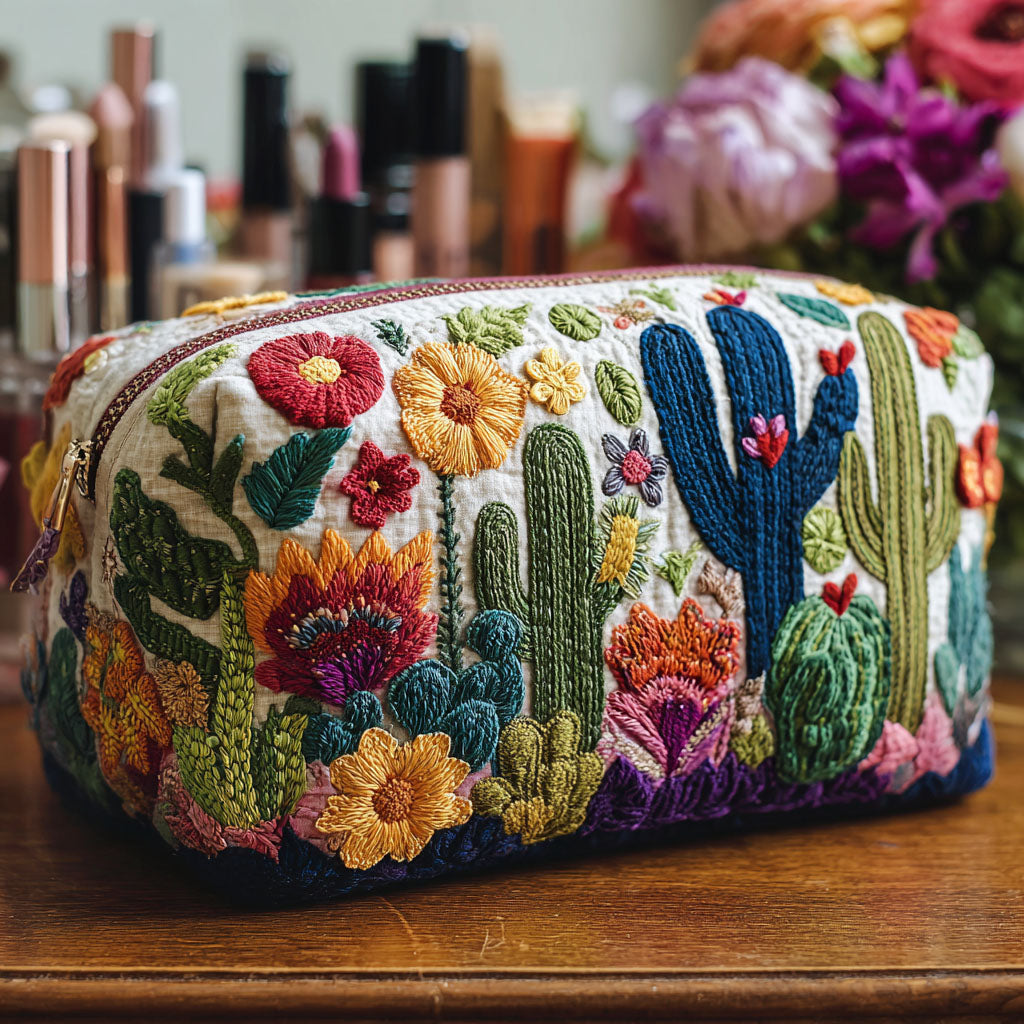 Front view of the Maeve quilted cosmetic bag in a medium size, showcasing the vibrant green succulent print and textured quilting.