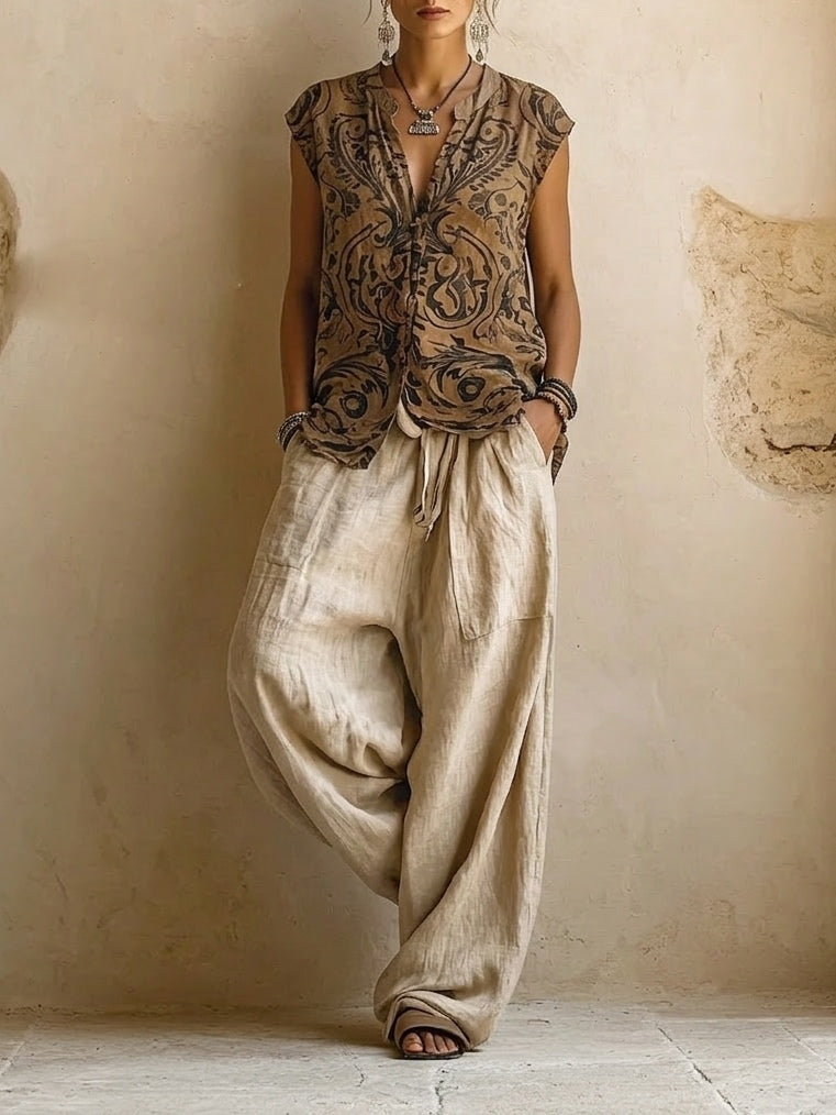 Side profile of a woman showcasing the flowy wide-leg design of the natural relaxed fit pants in a casual setting.