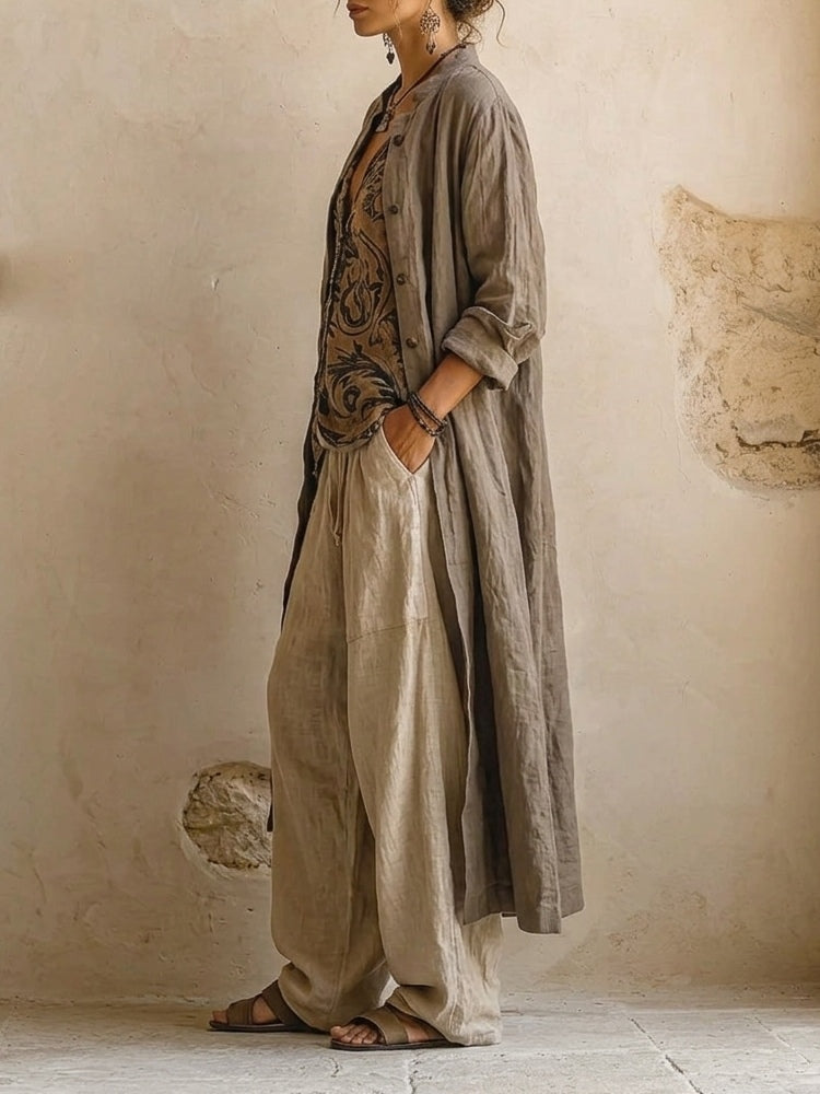 Full-body shot of a woman in the comfortable relaxed fit pants, styled for a chic and relaxed outdoor look.