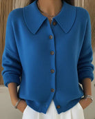 Front view of the Marlow comfortable everyday cardigan in a soft blue hue, styled casually.