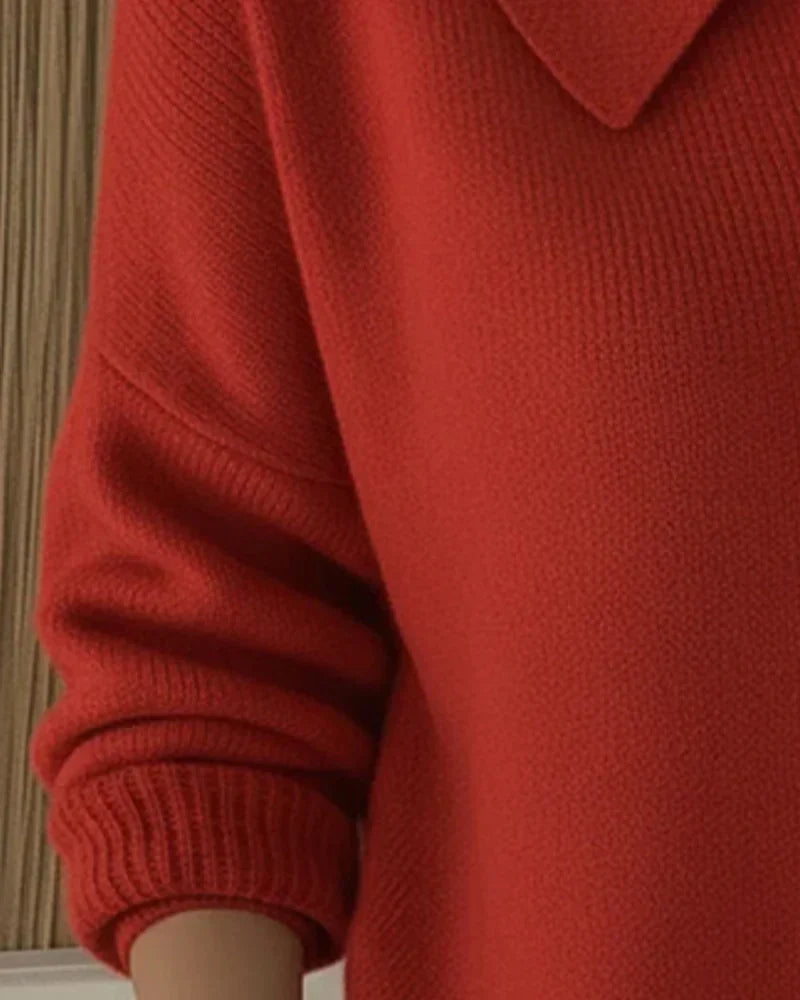 Model wearing the Marlow cardigan in a vibrant red, demonstrating its comfortable and versatile style.