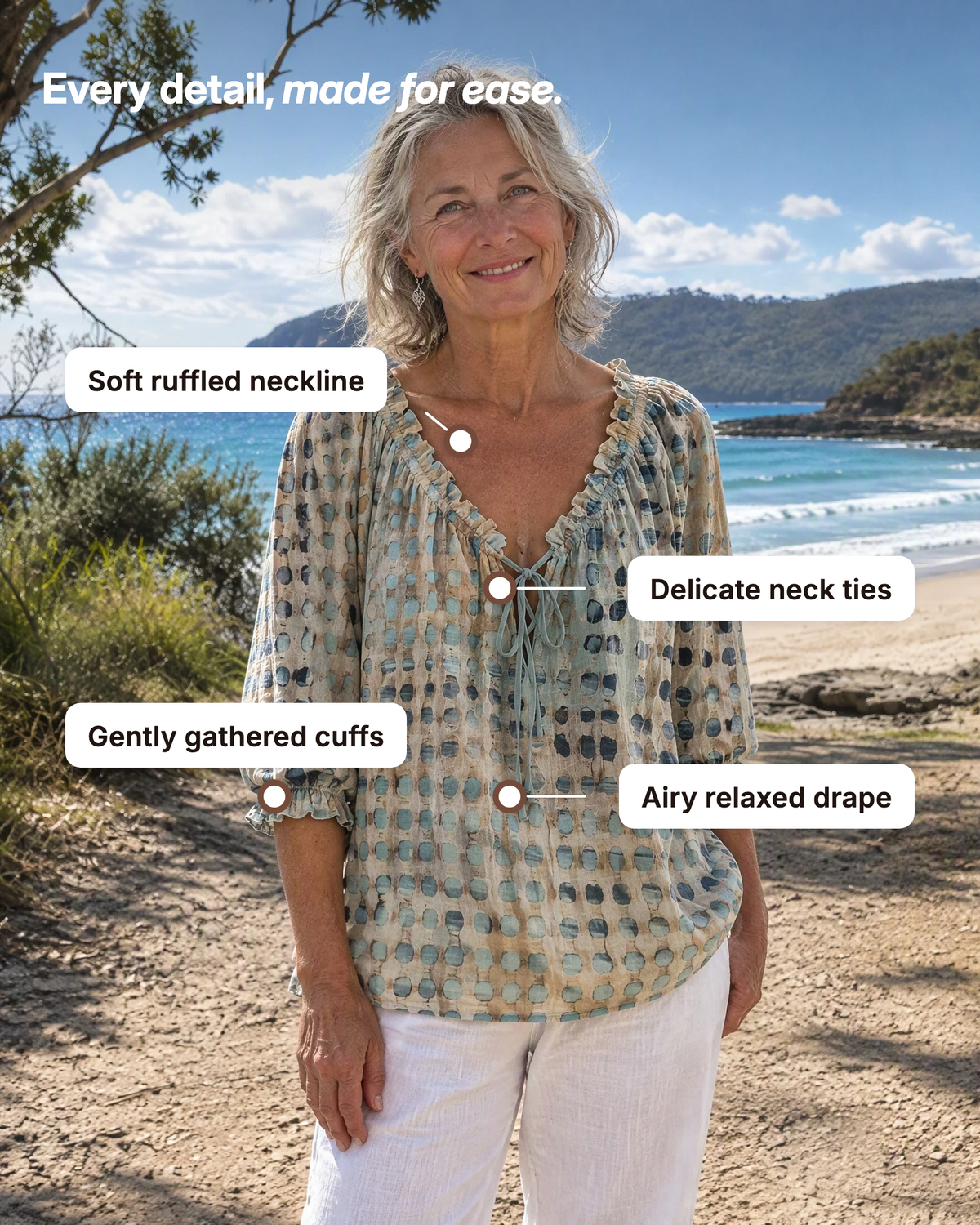 Black Fiona blouse, sleeve detail, focusing on the practical and stylish three-quarter length.