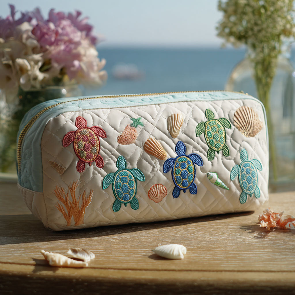 Close-up of a Nina quilted cosmetic organizer in a marine-inspired print, showcasing its texture and pattern.