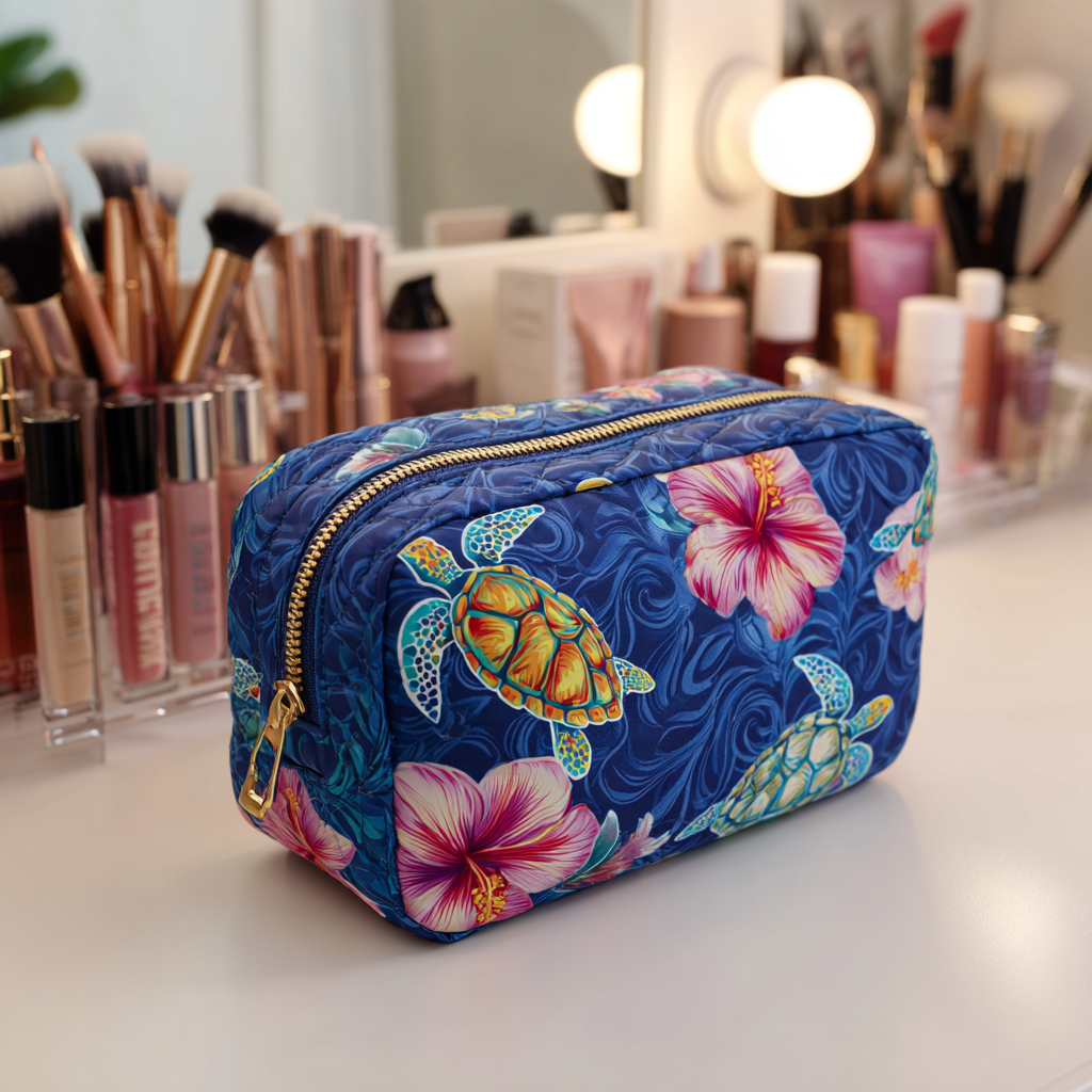Elegant Odette handmade quilted cosmetic bag in a unique tartaruga marina pattern, showcasing its luxurious texture and secure zip closure.