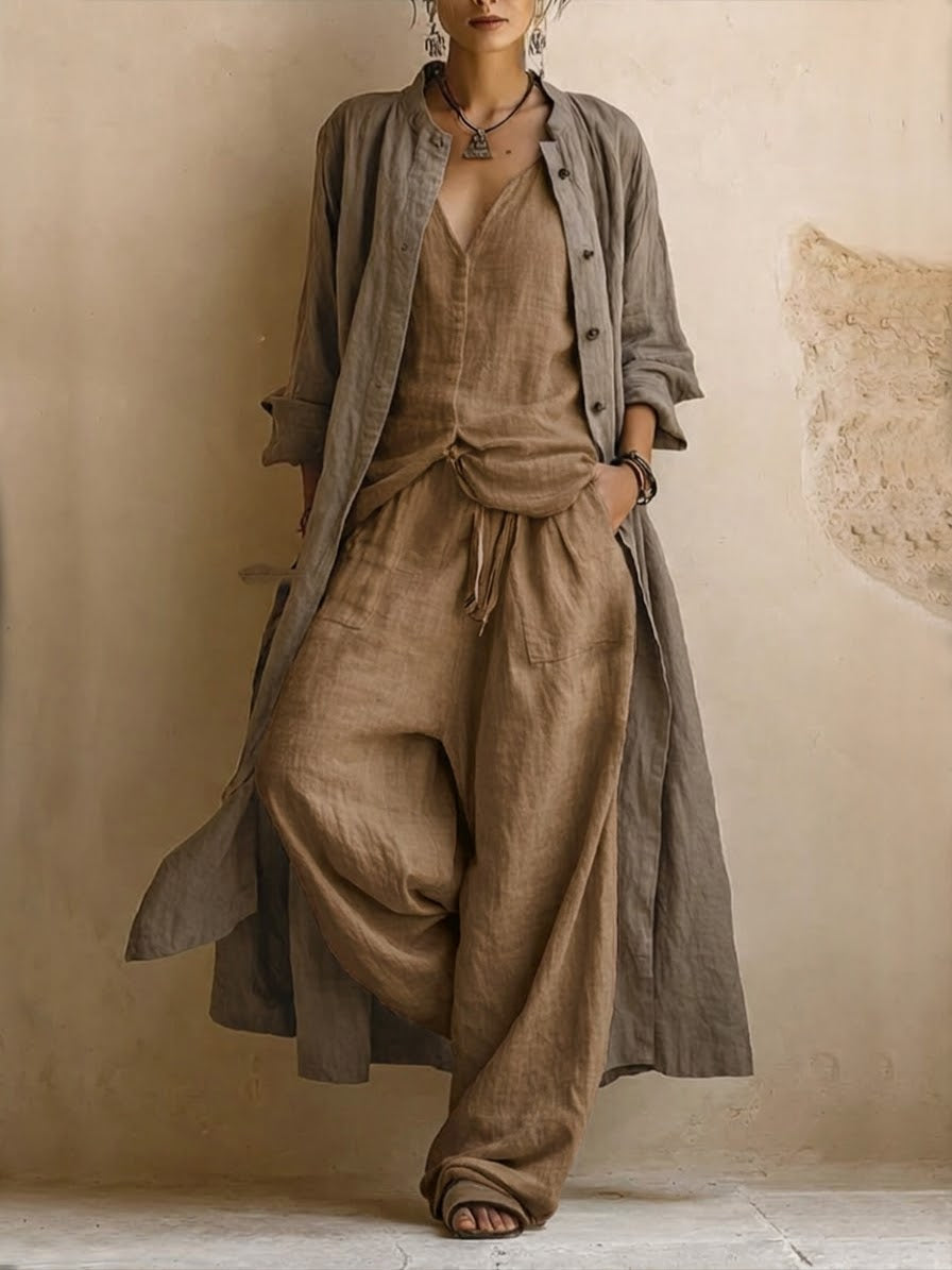 Close-up of a woman's legs in comfortable brown cotton linen blend trousers, showcasing the fabric texture and relaxed drape.