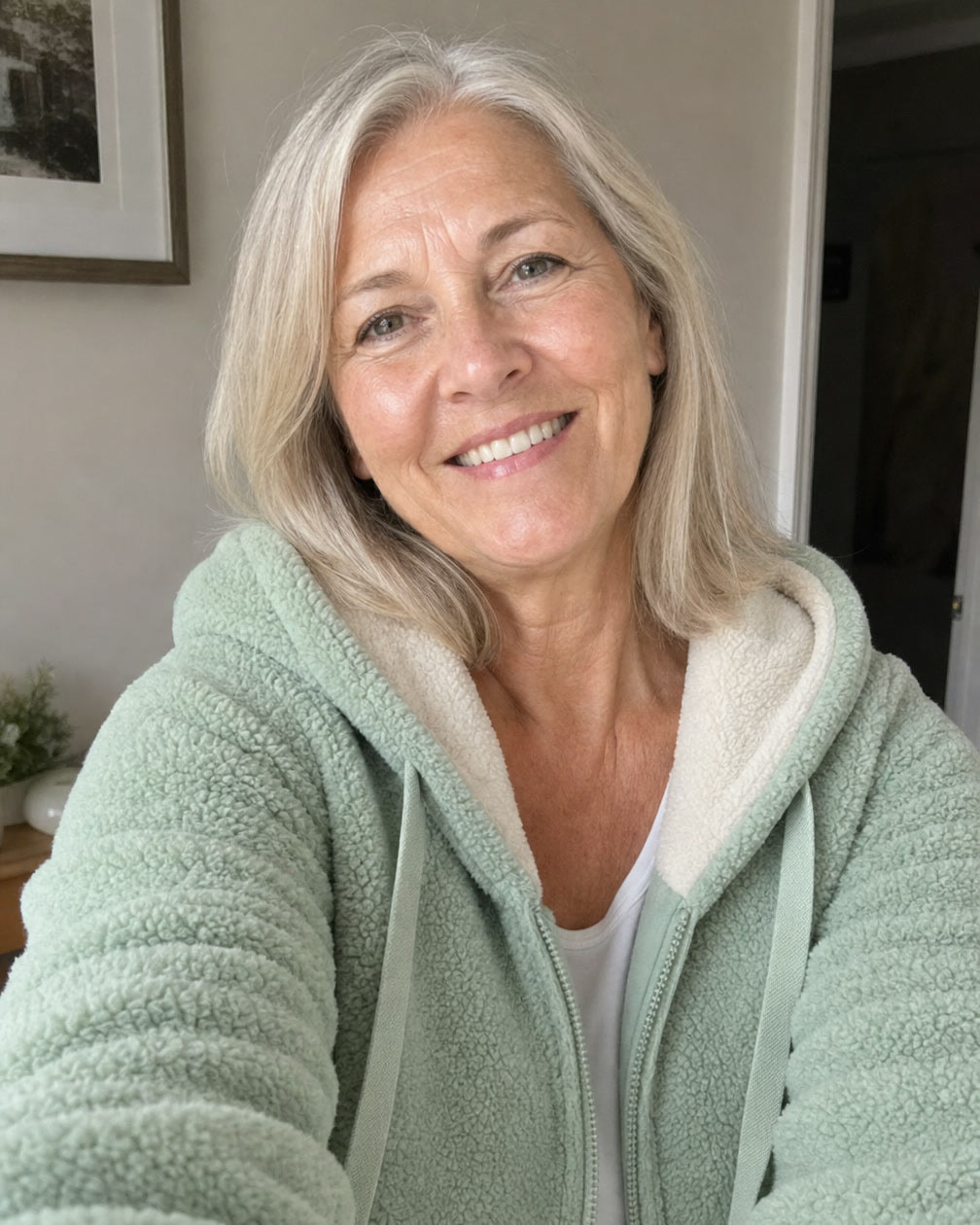Woman wearing the green Phoebe Fleece Jacket at home, cream sherpa-lined hood visible