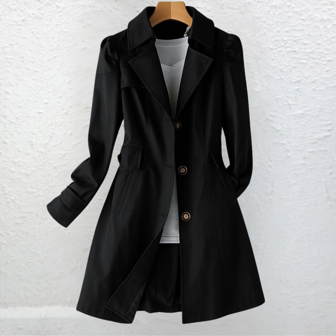 Back view of the Renata lightweight trench coat in black, displaying the smooth drape and sophisticated cut.