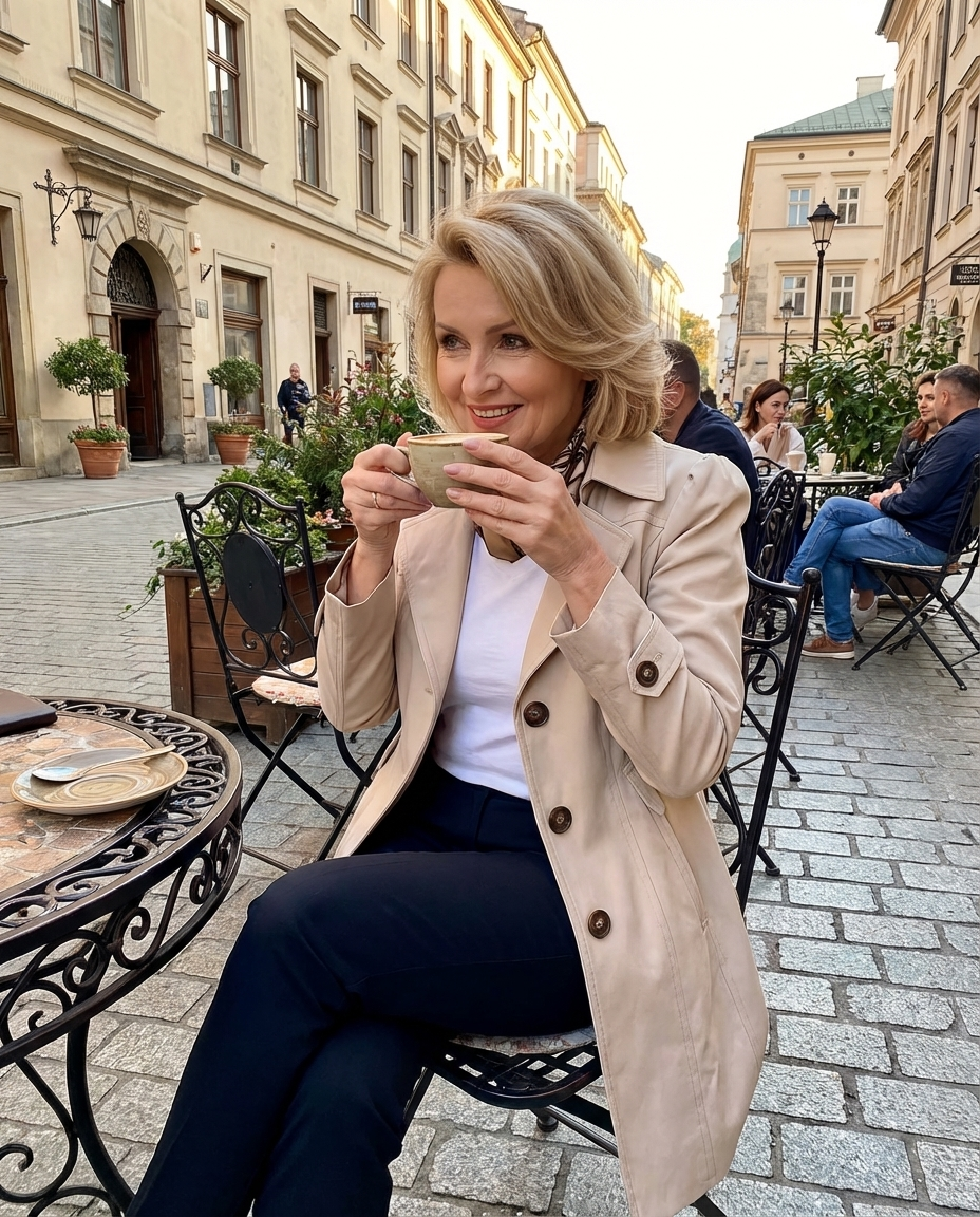 A woman elegantly posing, showing the full length of the Renata lightweight trench coat and how it complements her outfit.