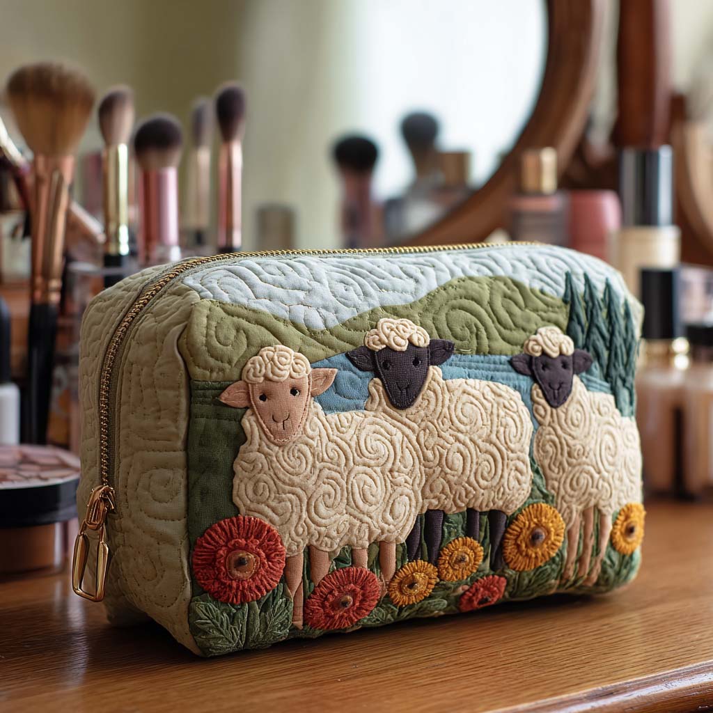 Rhiannon quilted cosmetic organizer in a small size, showcasing the detailed grazing sheep print on a light background, viewed from a slightly elevated angle.