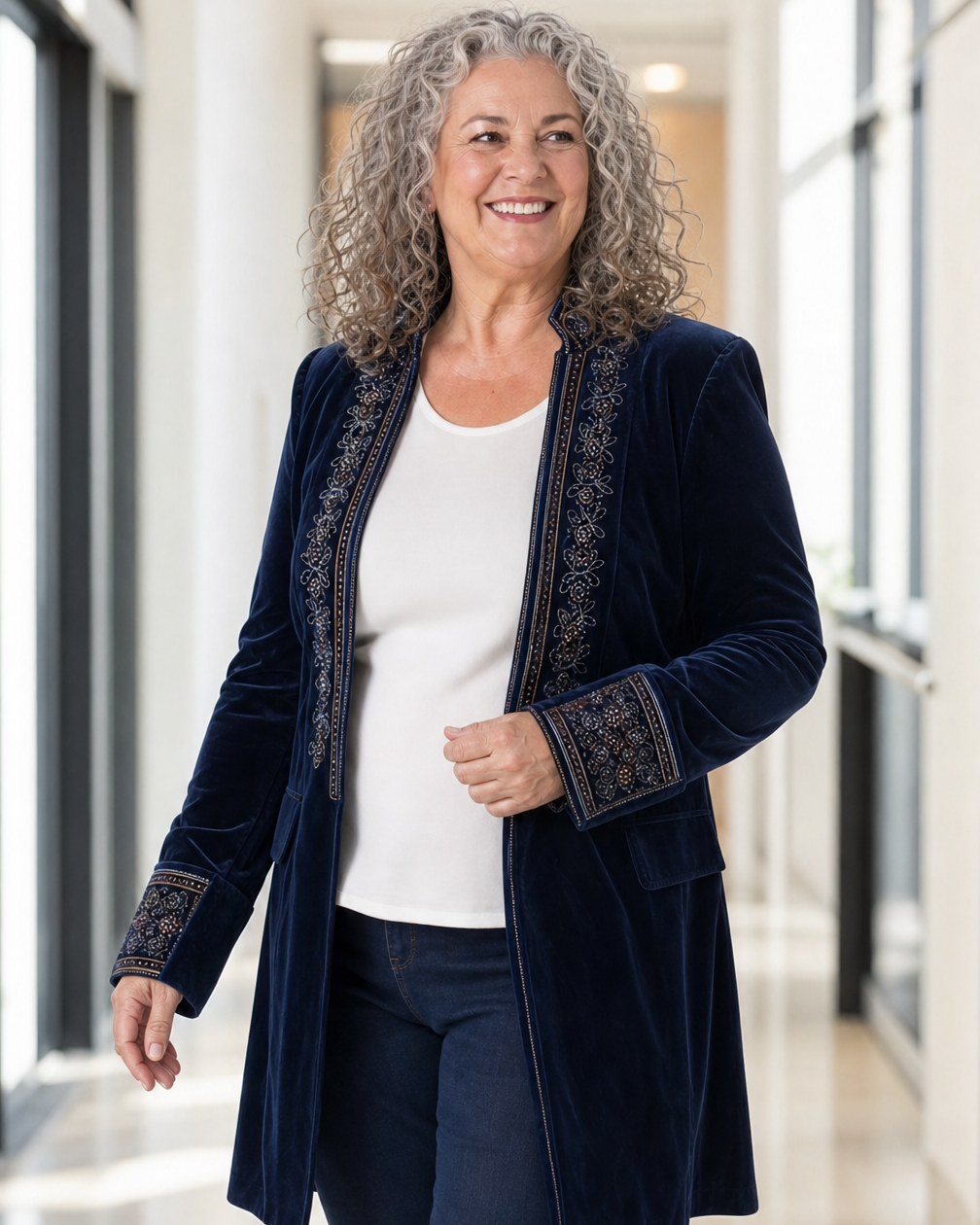Rosalind velvet jacket worn open over jeans and a white top