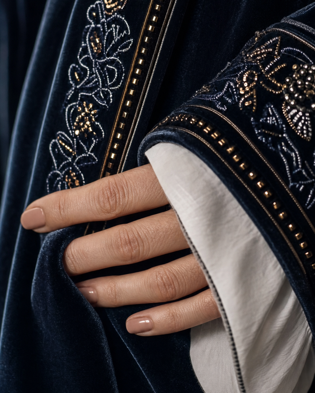 Close up of the beaded floral embroidered trim and cuff