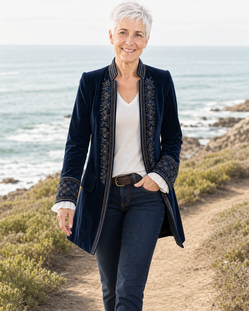 Rosalind velvet jacket worn on a coastal walk