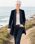 Rosalind velvet jacket worn on a coastal walk