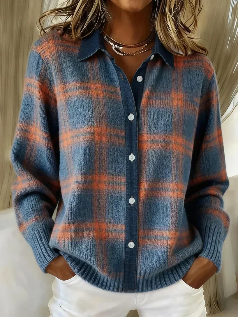 Front view of a Sable relaxed fit cardigan in a vibrant orange color, styled casually.
