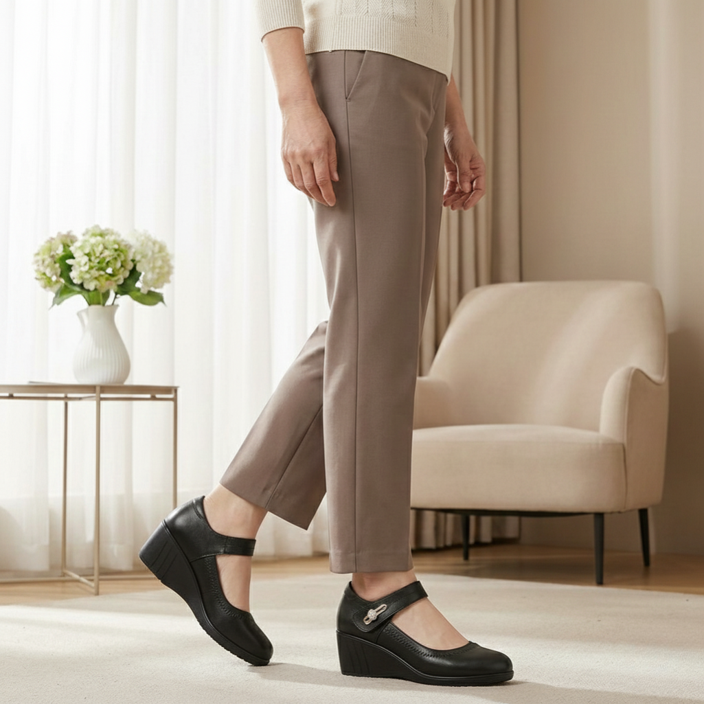 Close-up of the side profile of a black Elara mid-heel shoe, highlighting the stable 1.5-inch heel and refined silhouette.