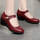 Side-by-side comparison of the red, black, and beige Elara elegant mid-heel shoes, displaying color options.