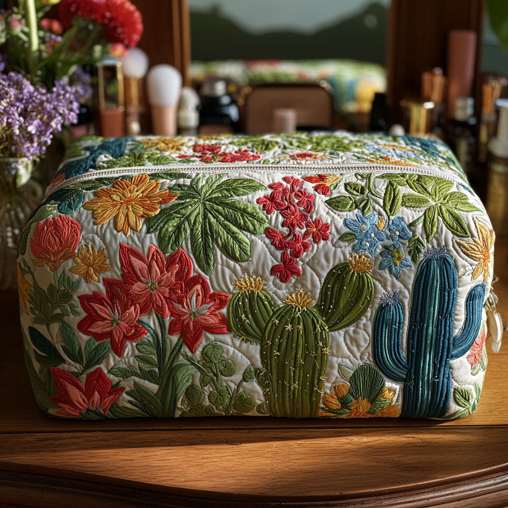 Close-up of a Serena quilted cactus cosmetic bag, showcasing its unique texture and secure zip closure.