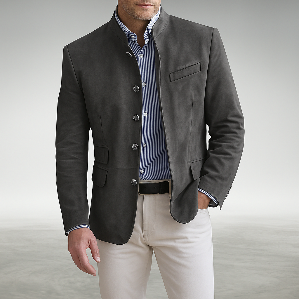 Front view of the Silas tailored modern blazer in a sophisticated grey, showcasing its clean lines and structured shoulders.