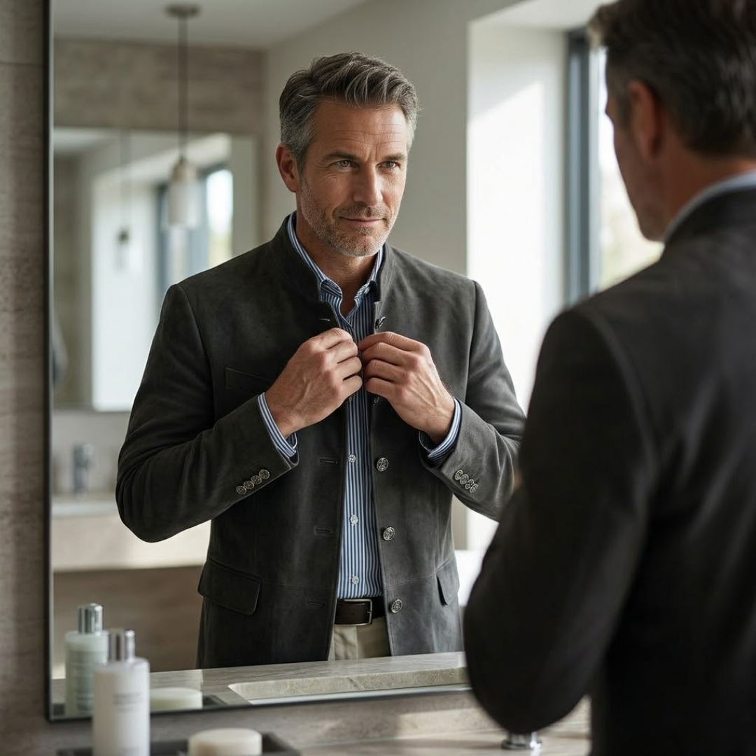 Side profile of the grey Silas tailored modern blazer, highlighting the impeccable cut and tailored fit for a sharp silhouette.