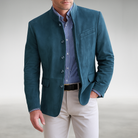 Front view of the Silas tailored modern blazer in a rich navy blue, perfect for smart casual or formal occasions.