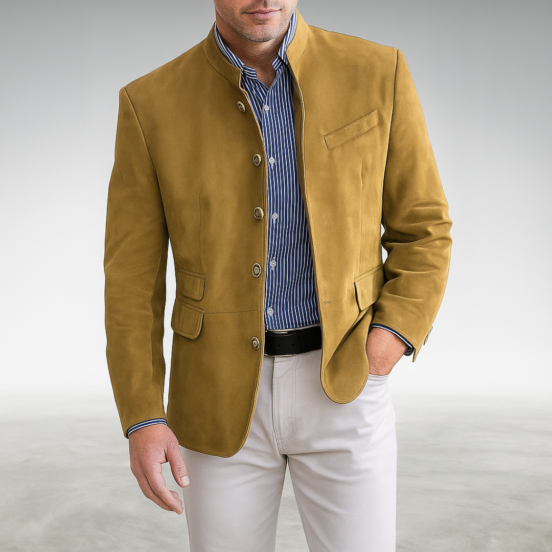 Back view of the navy blue Silas tailored modern blazer, showing the smooth drape of the fabric and central vent.