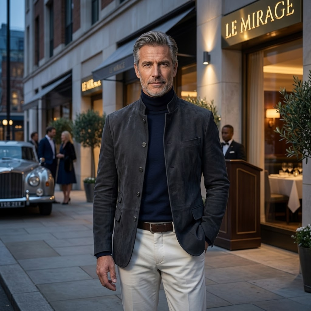 A man casually wearing the navy blue Silas tailored modern blazer over a t-shirt, illustrating its versatility for relaxed elegance.