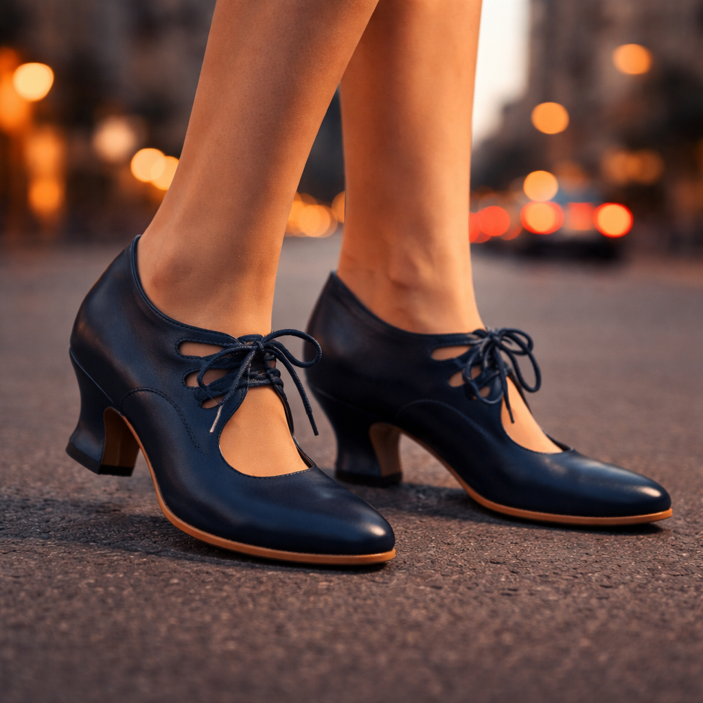 Front view of Soraya leather lace-up heels in black, showcasing the almond toe