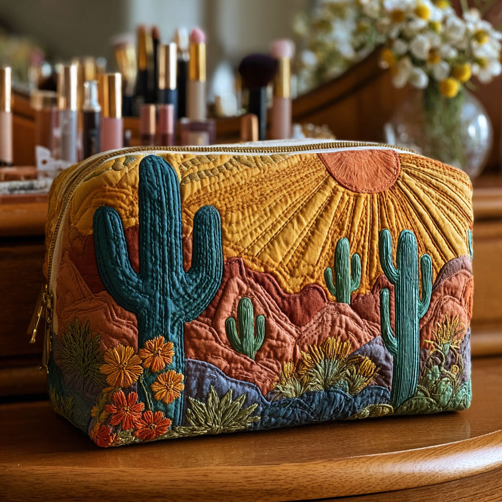 Front view of the Soraya quilted cosmetic bag in a vibrant cactus print on a light background.