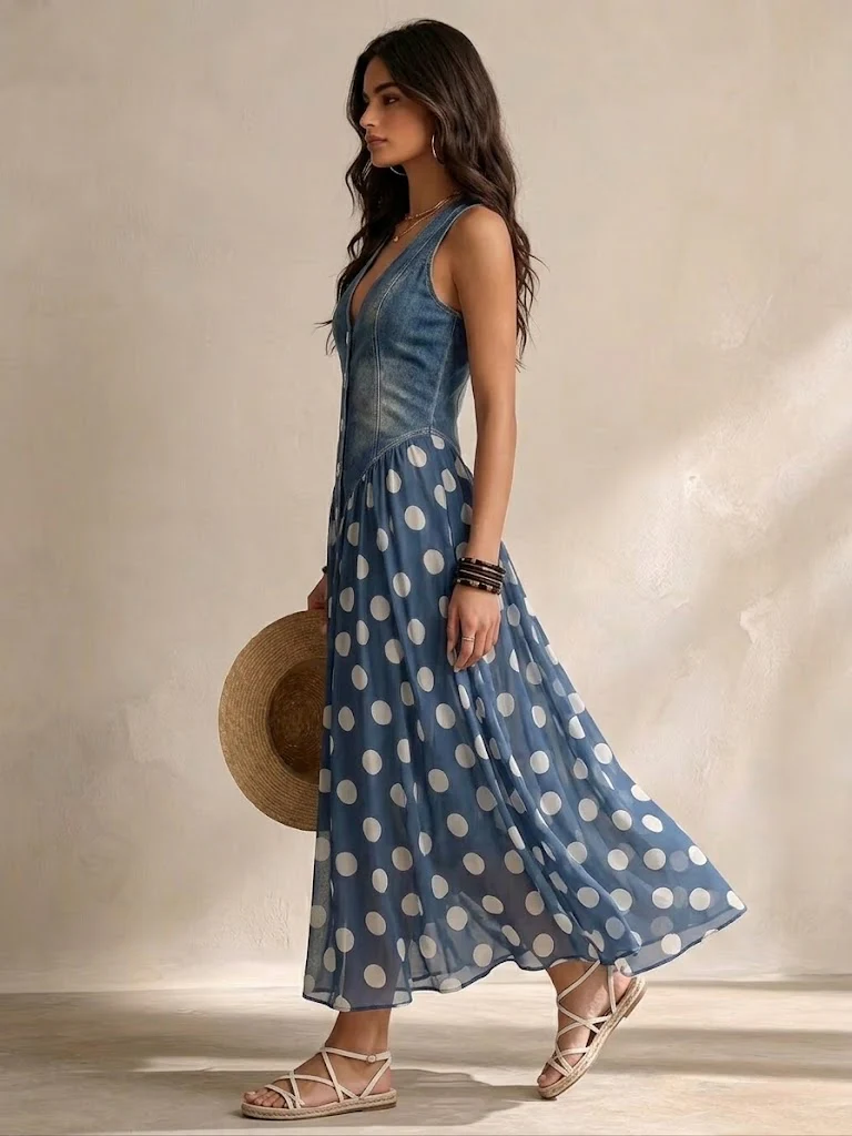 Close-up of the sleeveless denim bodice of the Soraya dress, highlighting the decorative front buttons and texture.