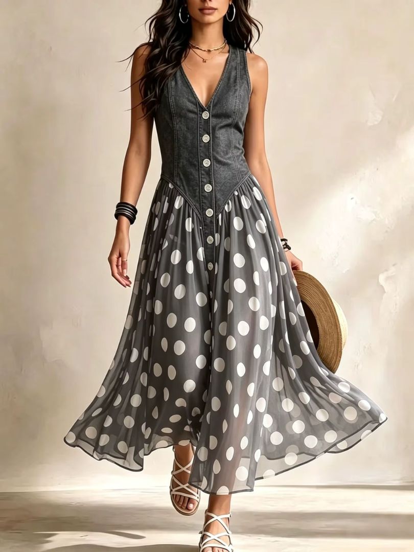 Full back view of the Soraya denim and chiffon midi dress on a model, emphasizing its flattering fit and elegant drape.