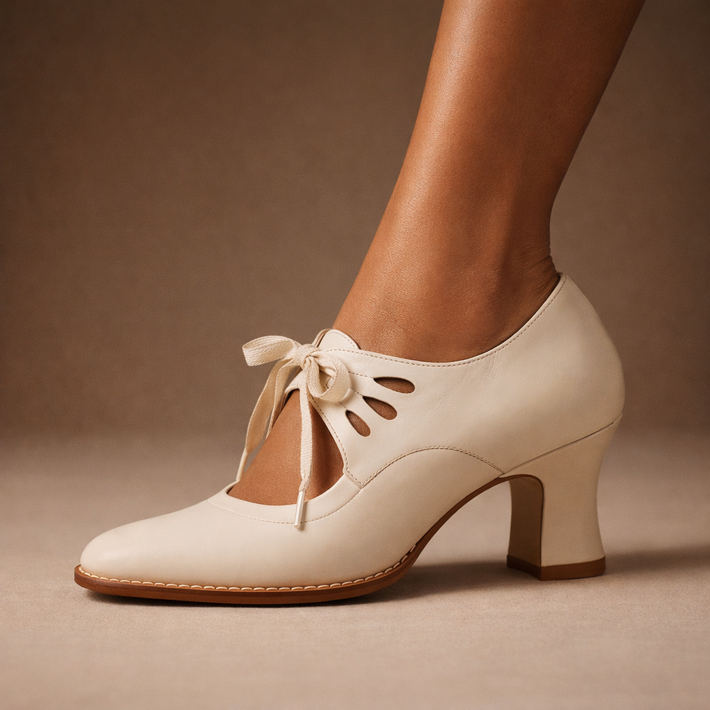 Soraya leather lace-up heels worn by a model, styled with a sophisticated outfit