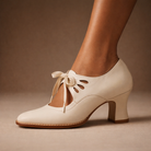 Soraya leather lace-up heels worn by a model, styled with a sophisticated outfit