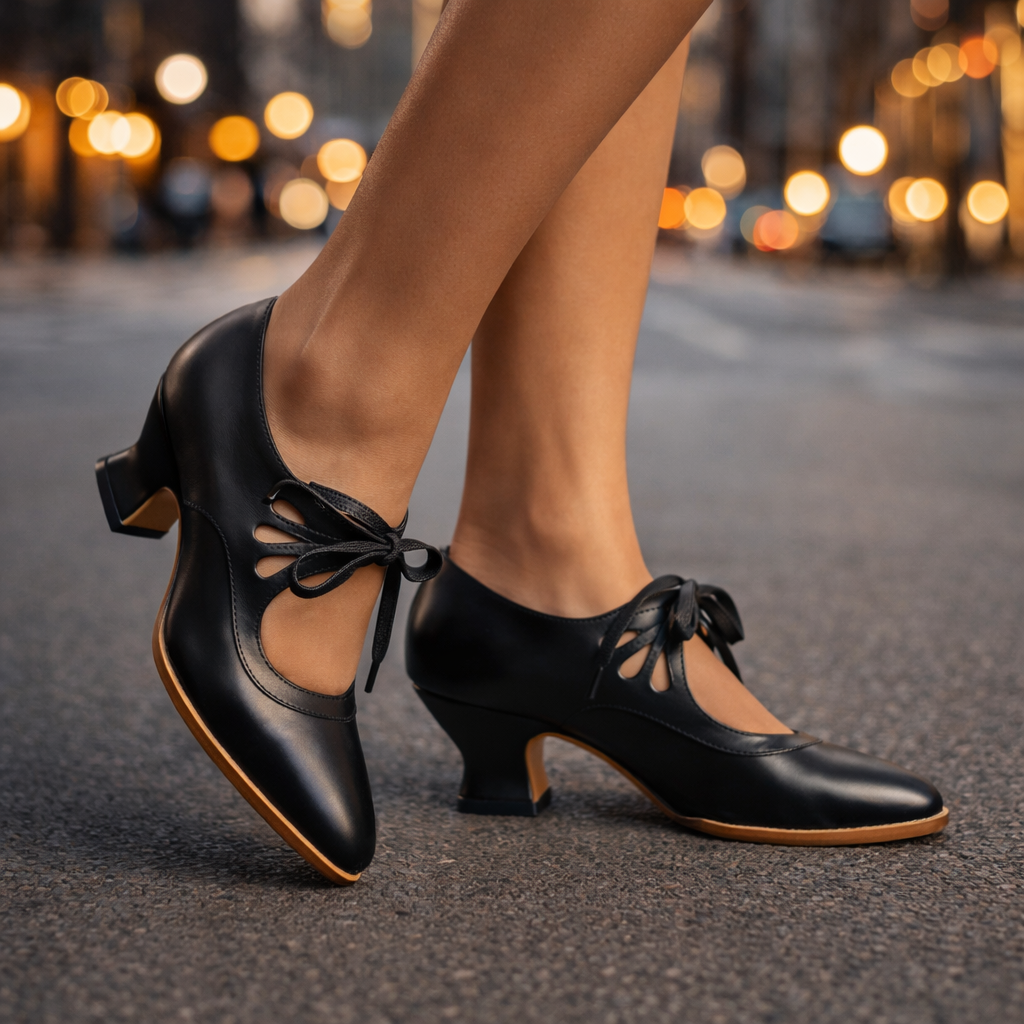 Texture detail of the smooth, polished leather on the Soraya lace-up heels