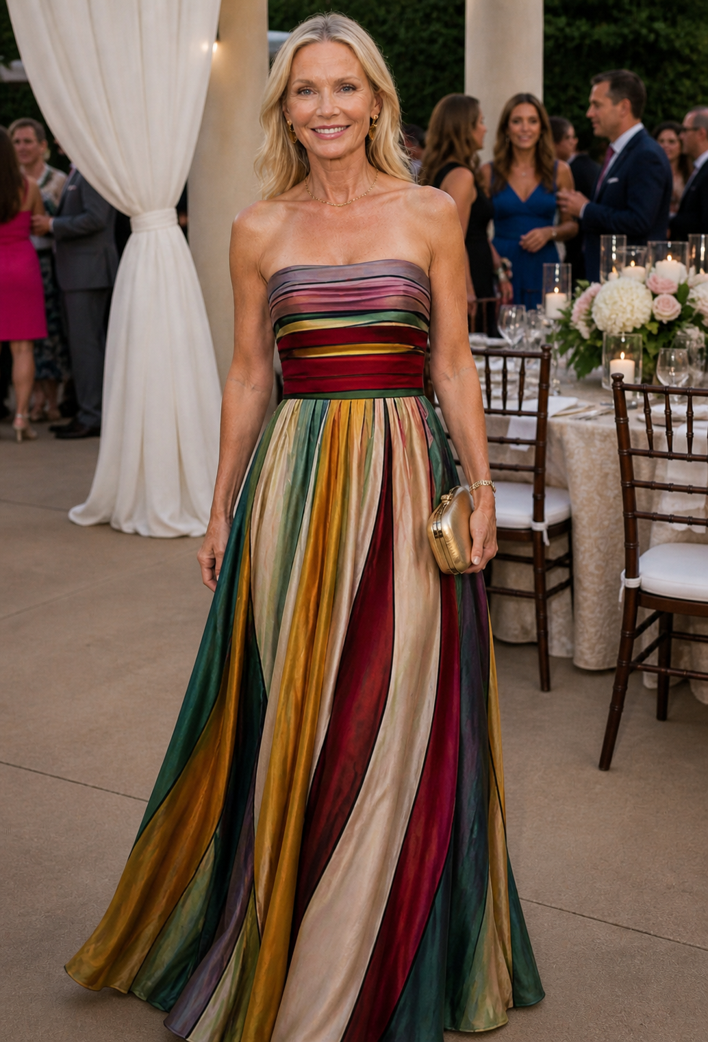 Side profile of a model wearing the Talma strapless A-line dress, highlighting the comfortable fit and fabric drape.