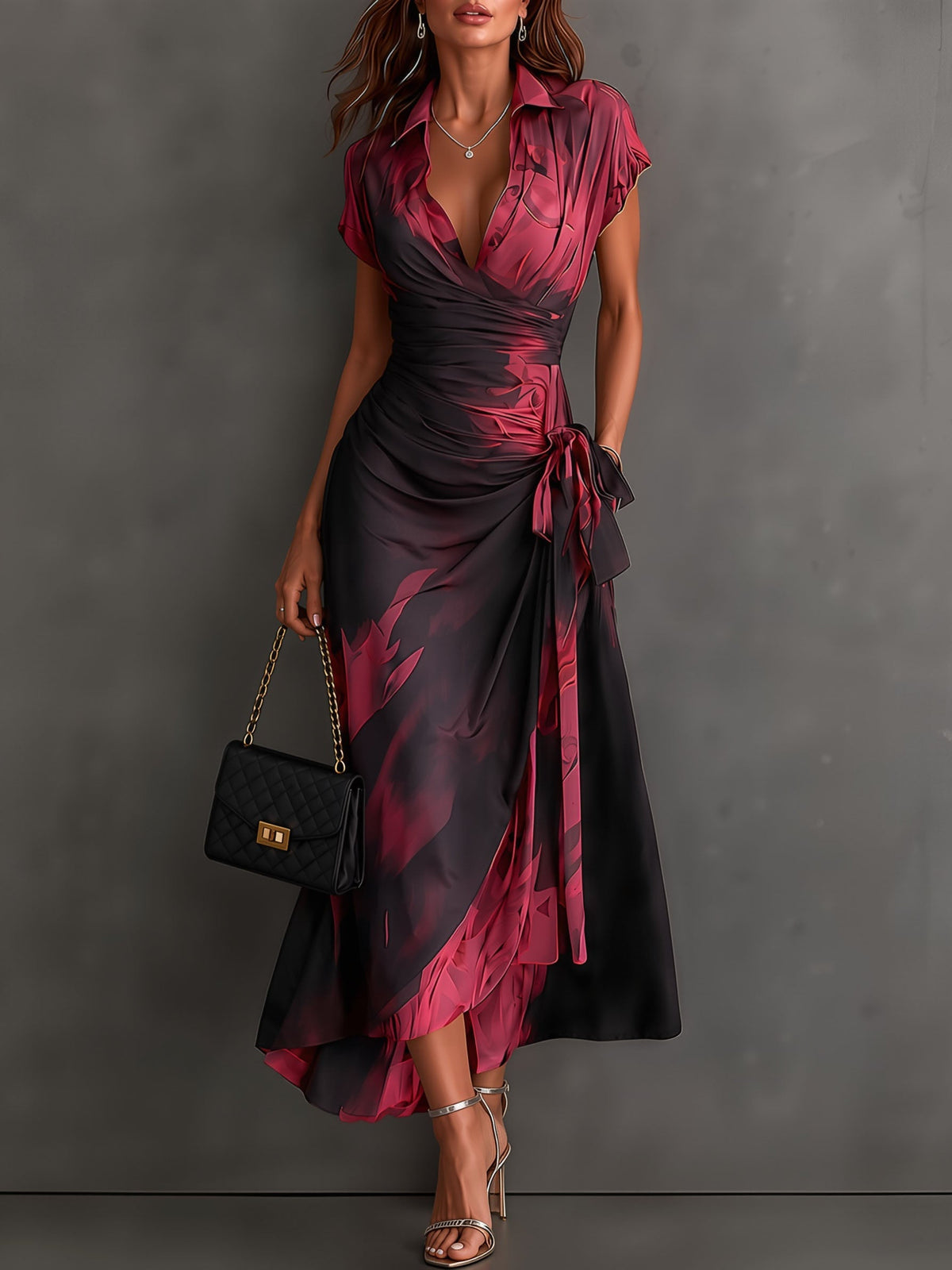 Front view of the Mirella abstract print wrap maxi dress in black, styled elegantly for a party.